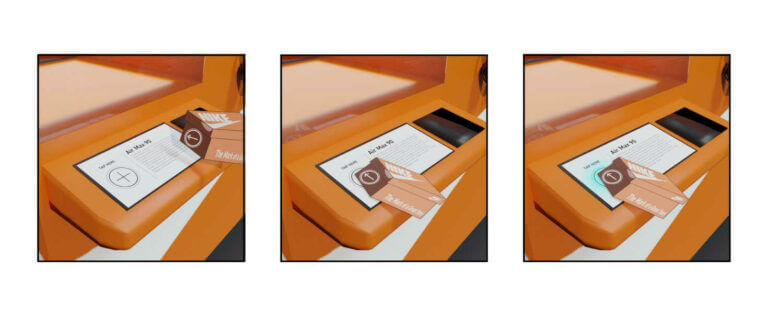 Demonstration of NFC tags feature. NFC Tag taps on the kiosk and the kiosk glows to indicate that data has been saved.