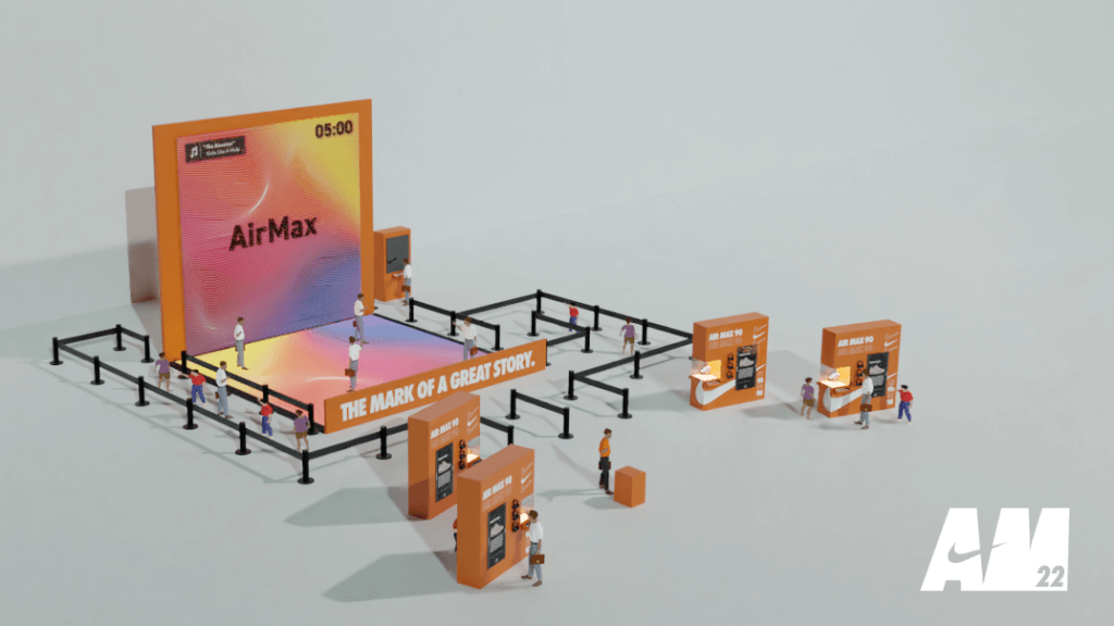 Nike ‘Mark of a Great Story Exhibition' hero image featuring the mixed media interactive dance floor and interactive kiosks.