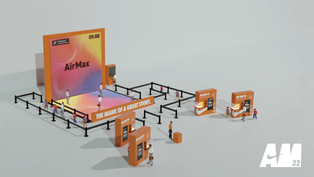 Nike ‘Mark of a Great Story Exhibition' hero image featuring the mixed media interactive dance floor and interactive kiosks.